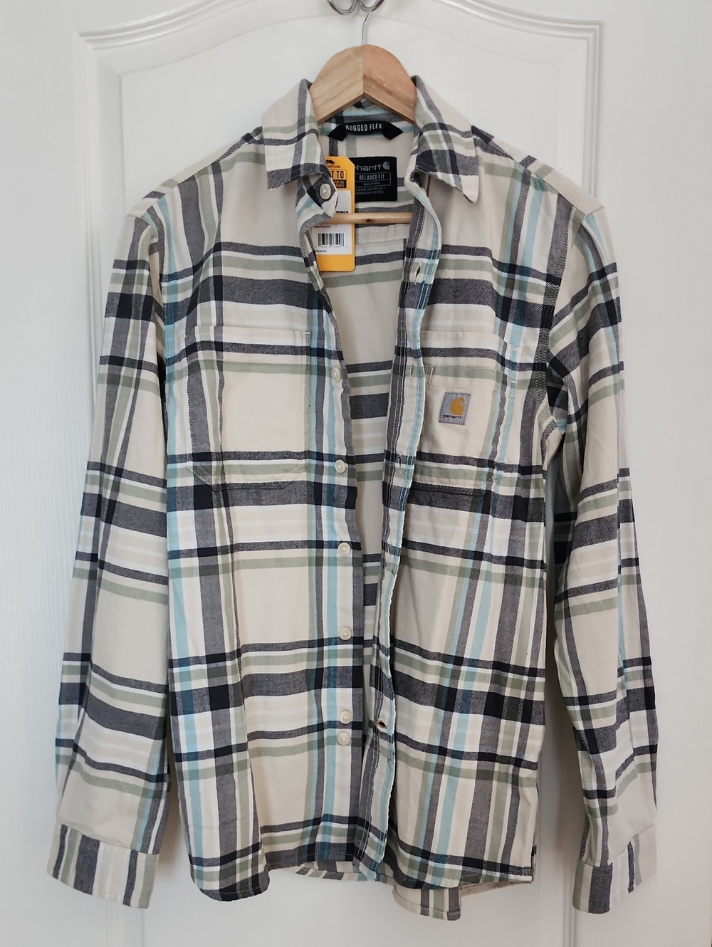 Carhartt Womens Plaid Button-Down Shirt in Cream, Black, Gray, and Light Blue
